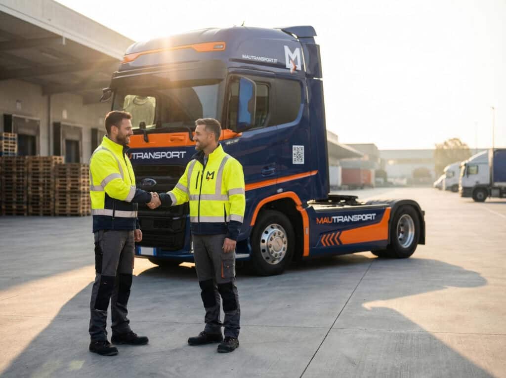 Due operatori logistici Mautransport si stringono la mano davanti a un truck Ford della flotta aziendale in un polo logistico.