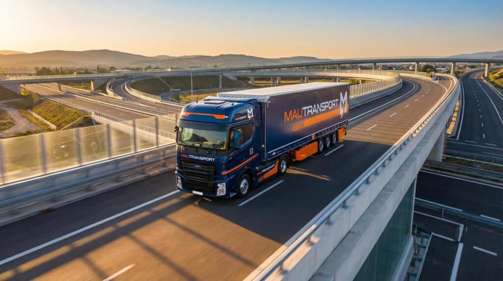 Veicolo industriale Ford Trucks della flotta Mautransport in movimento all'alba su uno svincolo autostradale.