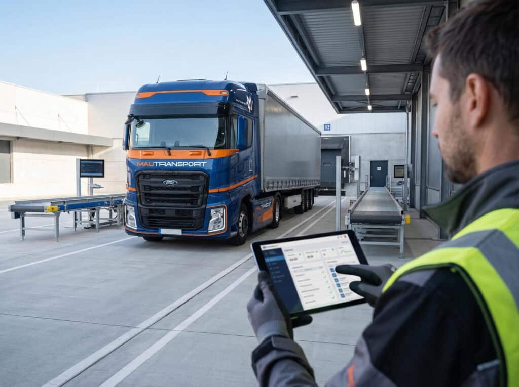Operatore Mautransport in divisa utilizza un tablet per il controllo telematico davanti a un veicolo industriale Ford Trucks parcheggiato su una pesa a ponte aziendale.