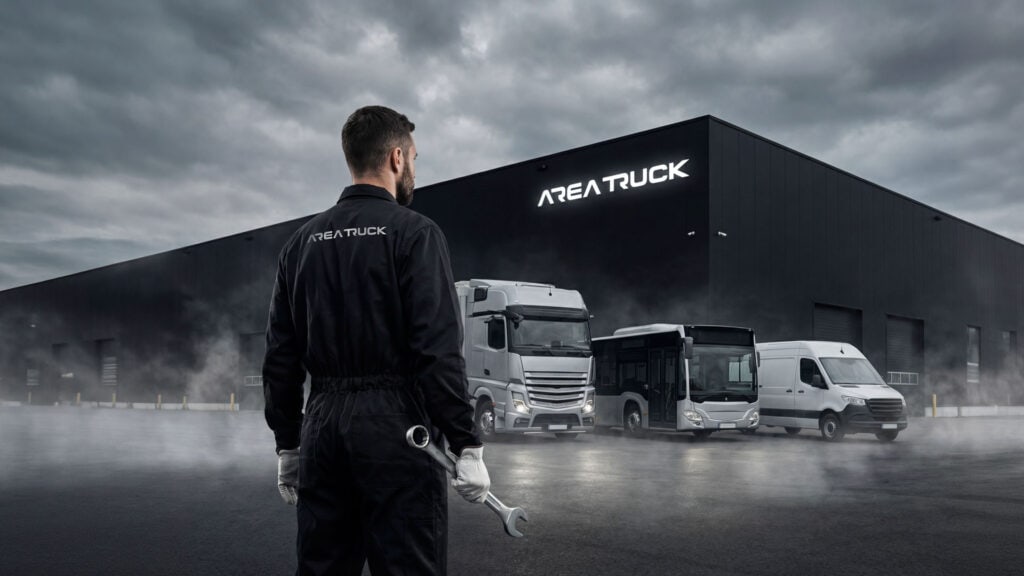 Meccanico specializzato Area Truck di spalle con chiave inglese, davanti a un'officina con veicolo industriale, autobus e furgone commerciale in attesa di assistenza.