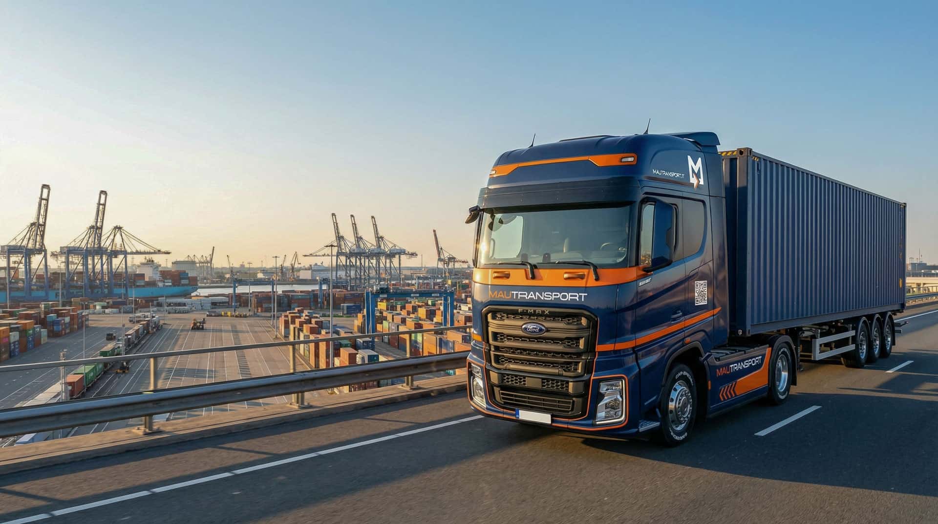 Trattore stradale Ford Trucks Mautransport con semirimorchio portacontainer in viaggio diurno su un viadotto panoramico sopra un hub portuale con gru.