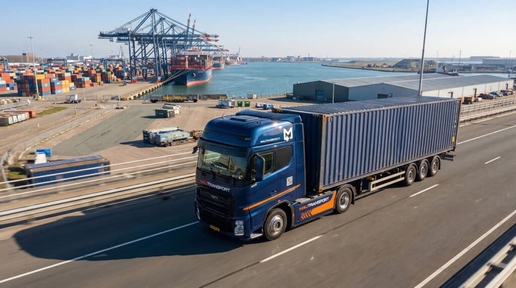 Veicolo industriale Ford Trucks Mautransport con carico container in transito su un'autostrada costiera con vista su un grande porto commerciale e navi da carico.
