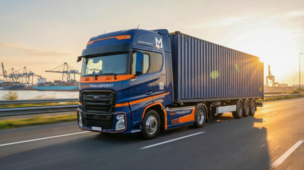 Veicolo industriale Ford Trucks Mautransport in movimento con un semirimorchio portacontainer su una strada costiera, con gru portuali sullo sfondo al tramonto.