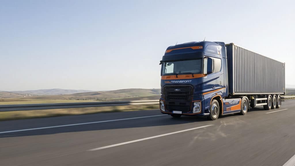 Trattore stradale Ford Trucks della flotta Mautransport con semirimorchio portacontainer in viaggio su una strada extraurbana immersa nella campagna.