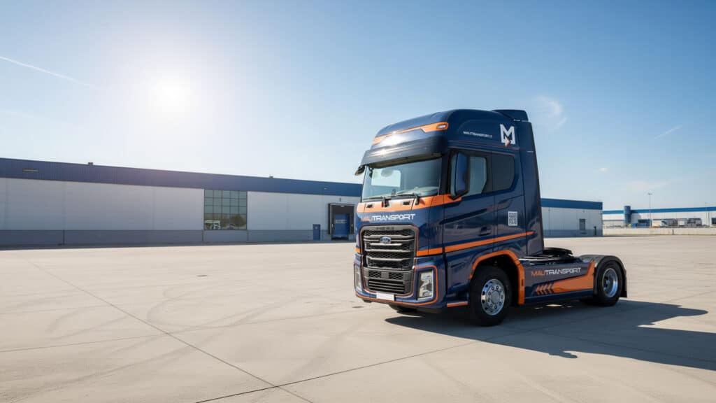 Trattore stradale Ford Trucks della flotta Mautransport parcheggiato nel piazzale di un moderno polo logistico in una giornata di sole.