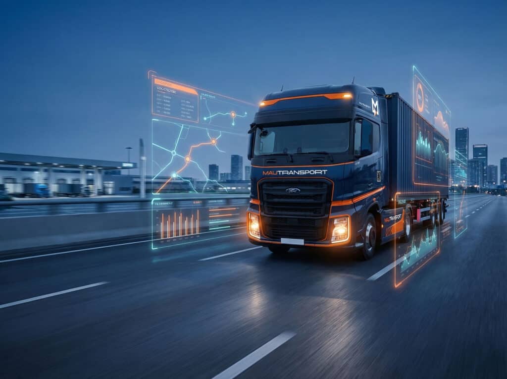Trattore stradale Ford Trucks Mautransport con semirimorchio in transito su uno svincolo autostradale su più livelli durante il tramonto.