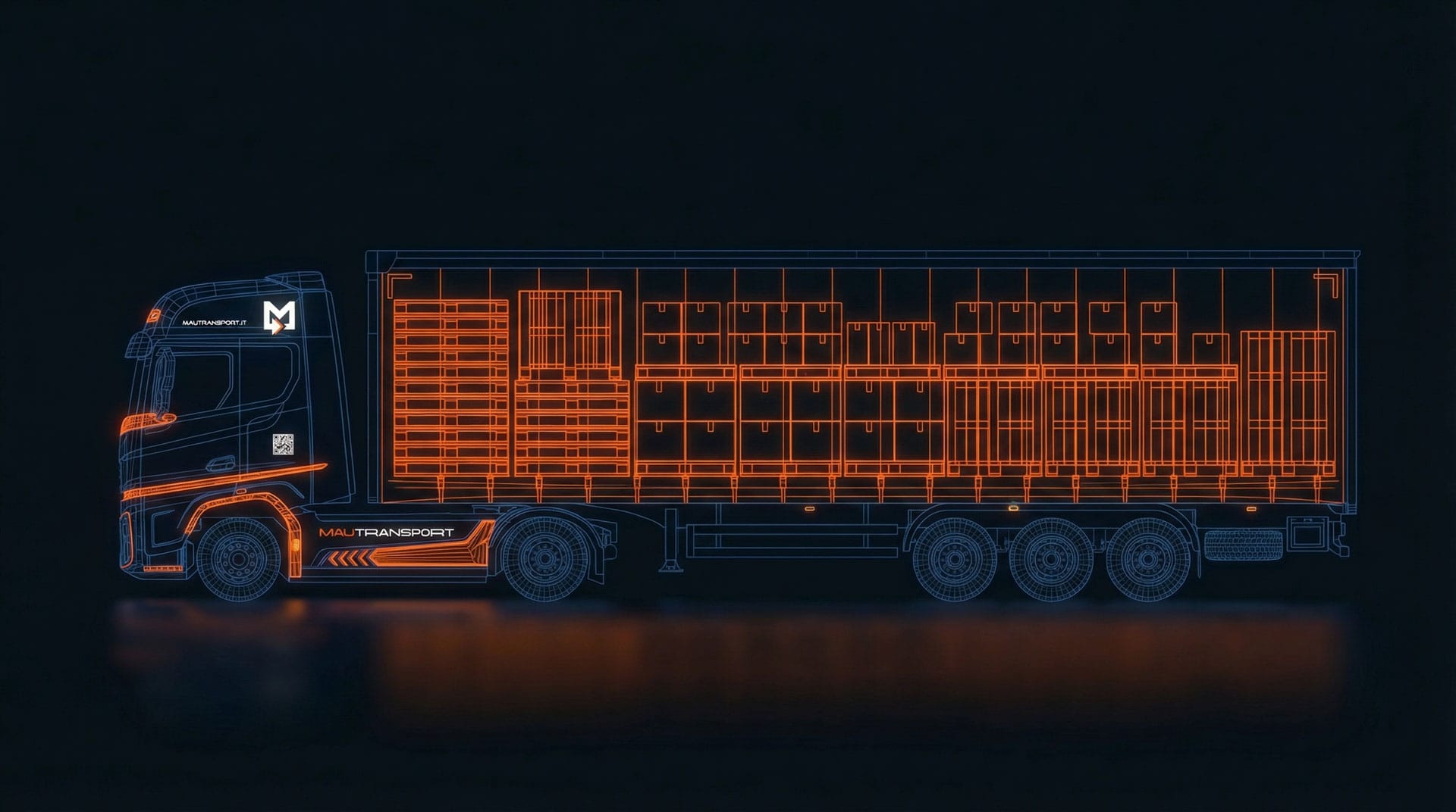 Rappresentazione grafica wireframe di un veicolo industriale Ford Trucks Mautransport, con vista a raggi X che mostra un carico merci completo all'interno del semirimorchio.