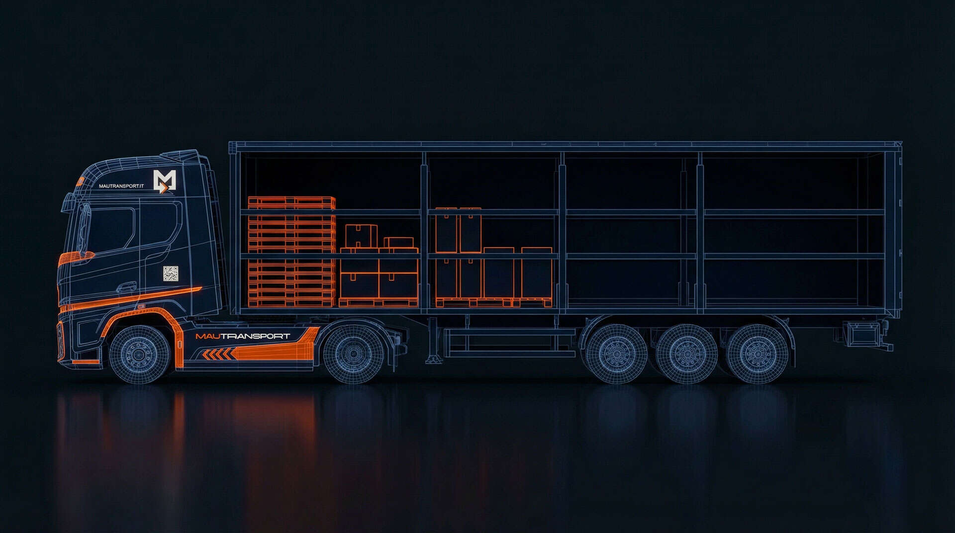 Rappresentazione grafica wireframe di un veicolo industriale Ford Trucks Mautransport, con vista a raggi X che mostra un carico merci parziale all'interno del semirimorchio.
